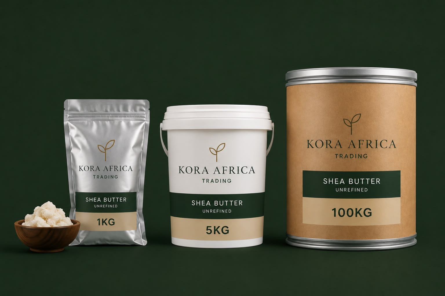 Shea butter bulk packaging: 1kg foil pouch, 5kg pail and 100kg+ fibre drum