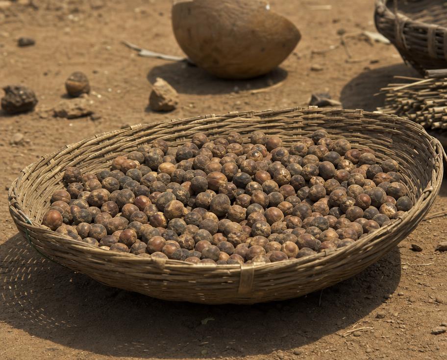 Shea nuts drying in a woven basket in northern Ghana